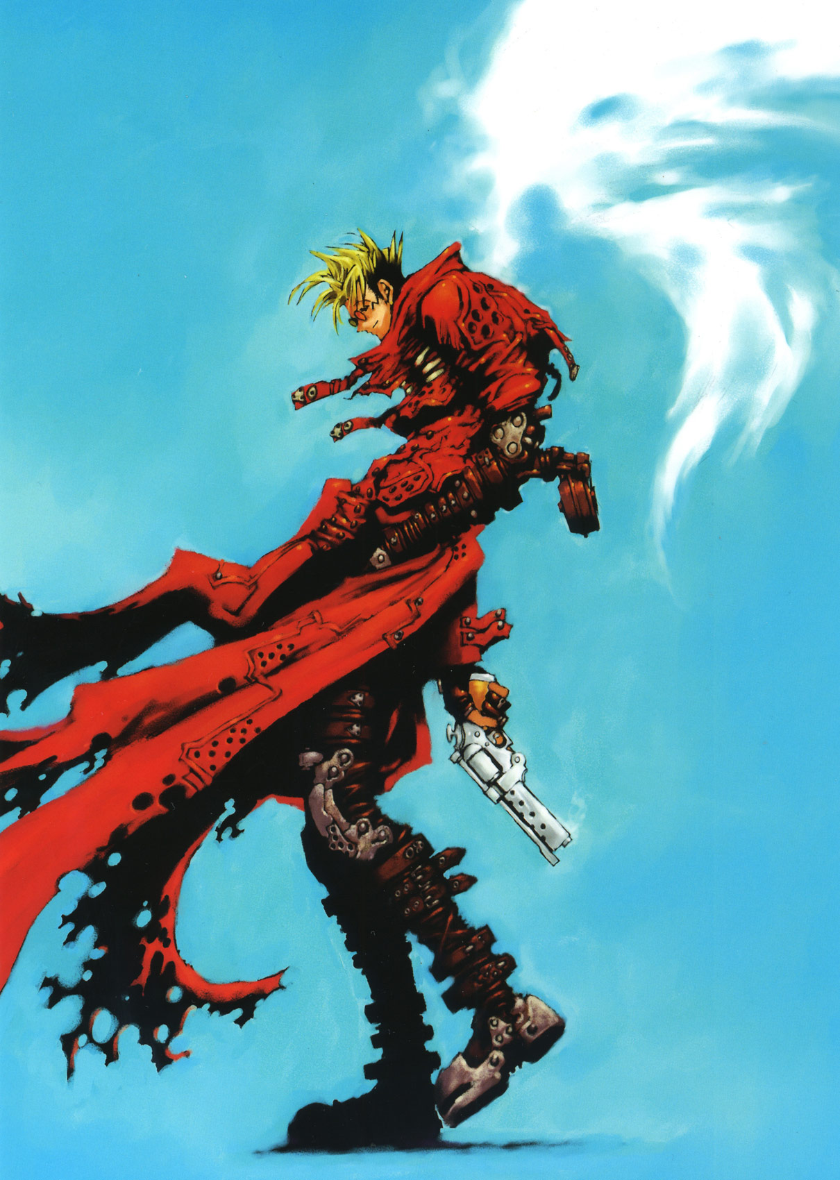 nightow yasuhiro, vash the stampede, trigun, trigun maximum, highres, 1boy, agl arms .45 long colt, black hair, blonde hair, break-action revolver, cloud, coat, gun, handgun, high collar, long coat, low bore axis revolver, male focus, manly, mechanical arms, mechanical legs, multicolored hair, prosthesis, prosthetic arm, prosthetic leg, red coat, revolver, short hair, single mechanical arm, single mechanical leg, solo, spiked hair, sunglasses, torn clothes, trench coat, two-tone hair, weapon