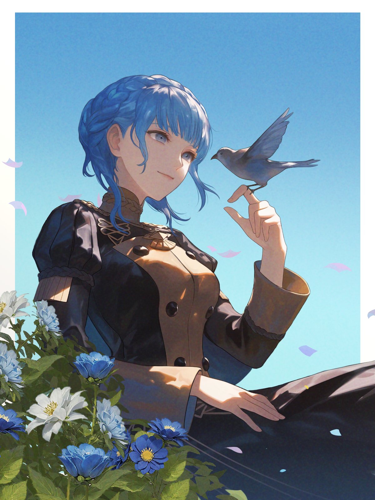 wrainbow13, marianne von edmund, fire emblem, fire emblem: three houses, nintendo, highres, 1girl, bird, bird on hand, blue hair, blue sky, border, braid, breasts, brown eyes, closed mouth, crown braid, day, garreg mach monastery uniform, long sleeves, looking at animal, medium breasts, outdoors, puffy long sleeves, puffy sleeves, sky, smile, solo, white border