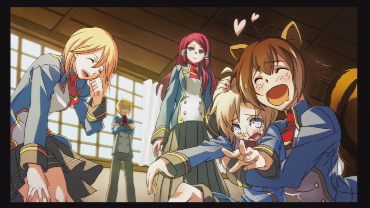 carl clover, jin kisaragi, kisaragi jin, makoto nanaya, noel vermillion, tsubaki yayoi, arc system works, blazblue, blazblue: calamity trigger, blazblue: continuum shift, official art, 2boys, 3girls, animal ears, blonde hair, blush, brown hair, glasses, heart, hug, laughing, long hair, multiple boys, multiple girls, red hair, saliva, school uniform, squirrel, squirrel ears, squirrel tail, sweatdrop, tail, you gonna get raped