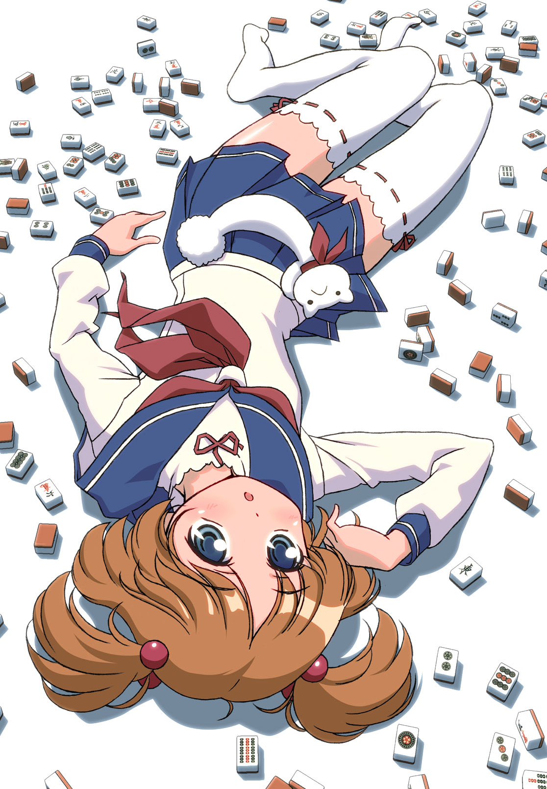 p496, kataoka yuuki, saki (manga), highres, 00s, 1girl, board game, brown hair, female focus, mahjong, school uniform, serafuku, solo, thighhighs, two side up