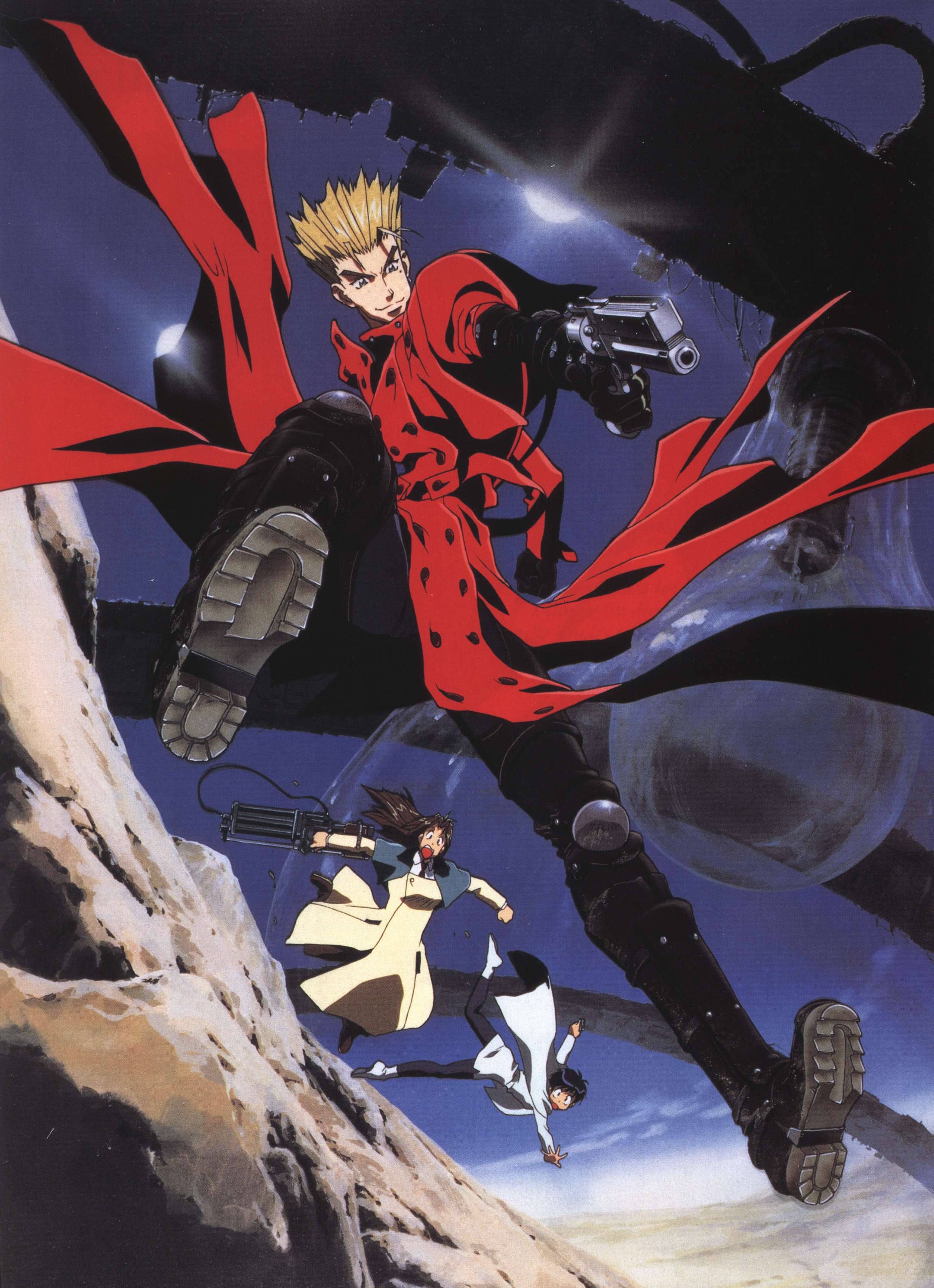 meryl strife, meryl stryfe, milly thompson, vash the stampede, trigun, absurdres, highres, official art, scan, 1boy, 2girls, agl arms .45 long colt, armor, black hair, blonde hair, blue eyes, boots, break-action revolver, brown hair, buttons, capelet, clenched hand, cloak, cloud, desert, dress, elbow gloves, falling, fighting stance, gatling gun, gloves, gun, handgun, holding, jumping, knee pads, long coat, long hair, low bore axis revolver, manly, mole, mole under eye, mountain, multiple girls, necktie, open mouth, outdoors, outstretched arms, pantyhose, pistol, revolver, ruins, shin guards, short dress, short hair, sky, smile, spiked hair, spread arms, spread legs, sun, weapon, wide-eyed