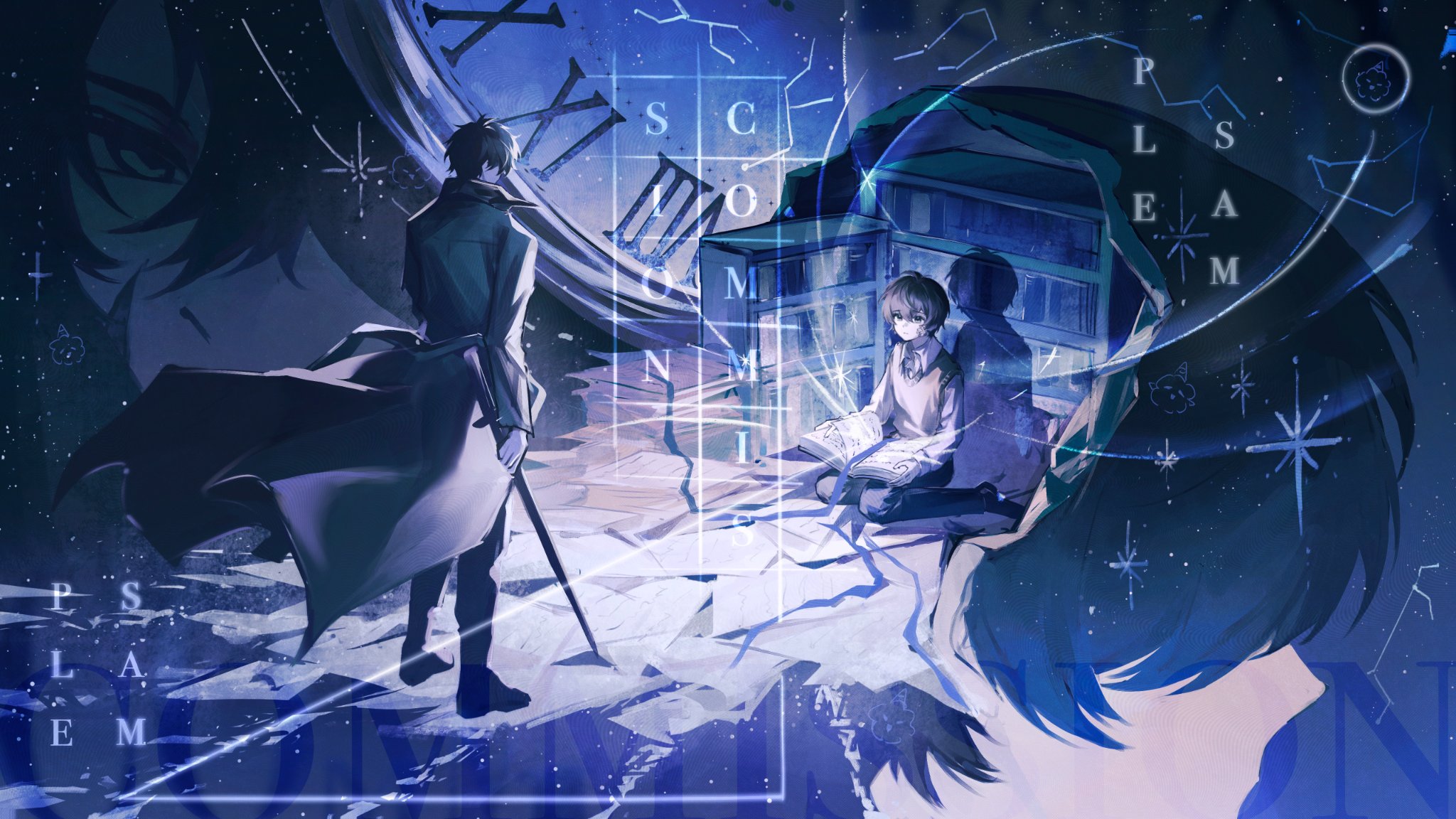 kim dokja, oldest dream, yoo joonghyuk, omniscient reader's viewpoint, highres, 2boys, black coat, black hair, book, bookshelf, coat, collared shirt, copyright name, dual persona, from above, full body, glowing, holding, holding book, holding sword, holding weapon, light rays, looking at another, male focus, mini person, miniboy, multiple boys, on ground, open clothes, open coat, open skull, paper, seiza, shadow, shirt, short hair, sitting, sky, space, sqtaya1, standing, star (sky), starry sky, surreal, sword, symbolism, vest, weapon, white shirt, wind, wind lift, yellow vest