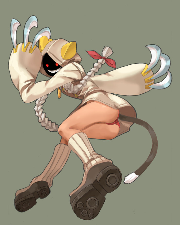 mitsumachi senji, senji (urifuji), taokaka, arc system works, blazblue, bad id, bad pixiv id, 1girl, animal ears, animal hood, ass, braid, cat ears, cat hood, cat tail, claws, fake animal ears, female focus, hood, hoodie, panties, red eyes, simple background, socks, solo, tail, underwear