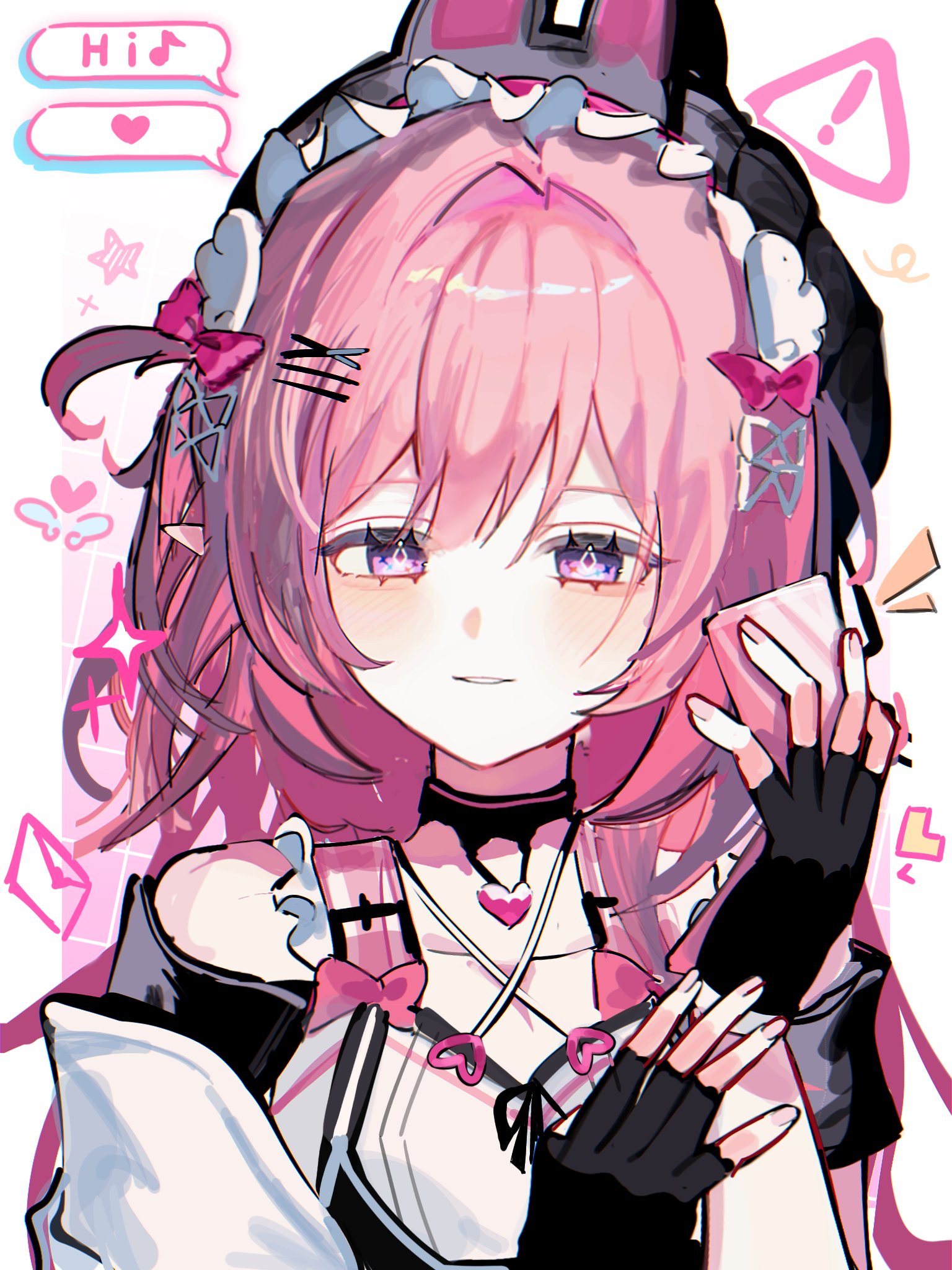 ko (assd 009), cyrene (honkai: star rail), honkai: star rail, honkai (series), commentary, hashtag-only commentary, highres, !, 1girl, alternate costume, bare shoulders, black gloves, bow, english text, fingerless gloves, gloves, hair bow, hand up, looking at viewer, musical note, parted lips, pink bow, pink hair, purple eyes, simple background, smile, spoken musical note, upper body, white background