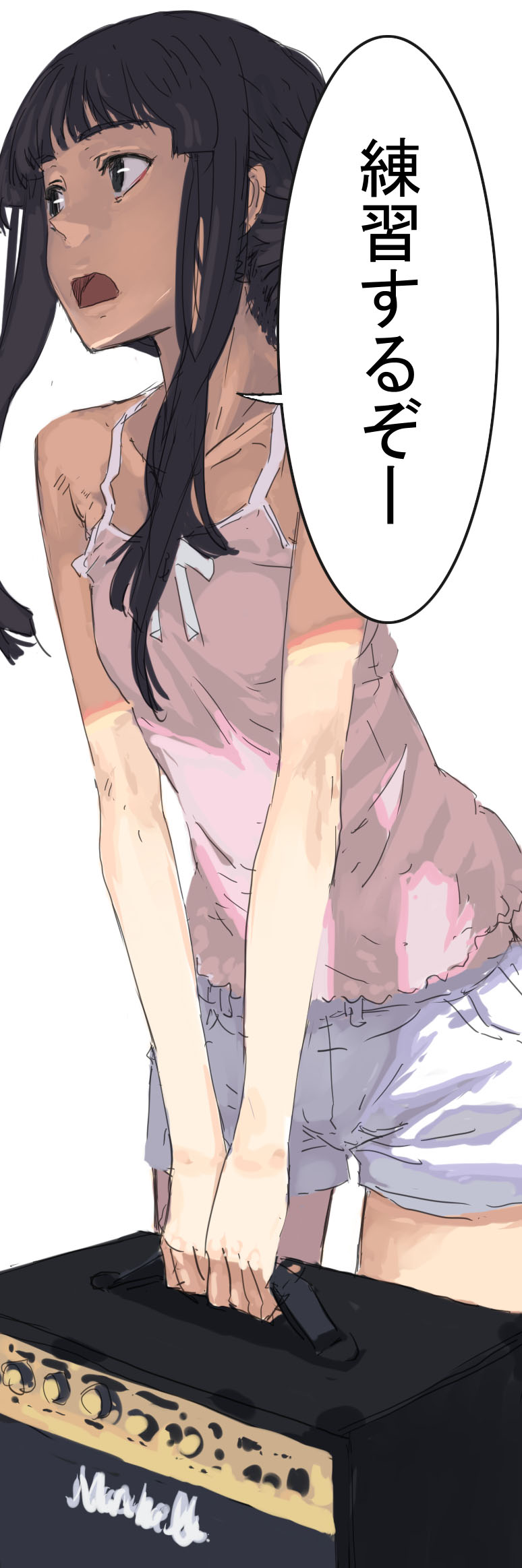 mura (kanojo no oukoku), akiyama mio, k-on!, marshall, highres, long image, tall image, translated, 00s, 1girl, amplifier, black hair, blunt bangs, camisole, female focus, hime cut, long hair, short shorts, shorts, solo