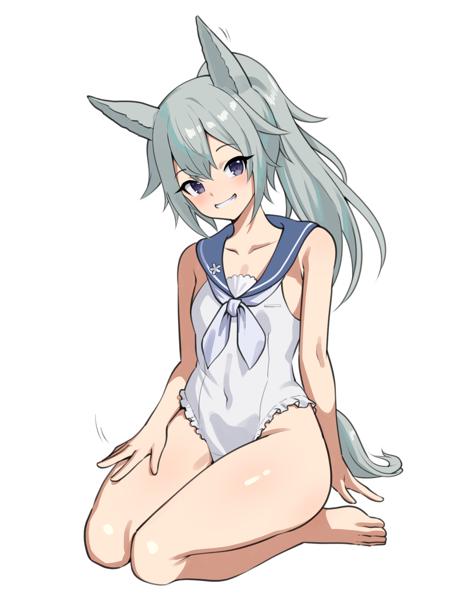 ajidot, grani (arknights), arknights, highres, 1girl, :d, animal ears, bare arms, bare legs, bare shoulders, barefoot, blue eyes, blue sailor collar, blush, casual one-piece swimsuit, collarbone, covered navel, flat chest, full body, grey hair, grin, hand on lap, horse ears, horse girl, horse tail, long hair, looking at viewer, motion lines, neckerchief, one-piece swimsuit, open mouth, parted lips, ponytail, sailor collar, sitting, smile, solo, swimsuit, tail, wariza, white neckerchief, white one-piece swimsuit