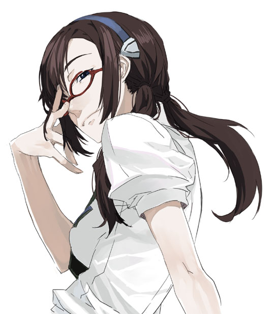 mura (kanojo no oukoku), makinami mari illustrious, neon genesis evangelion, rebuild of evangelion, 00s, 1girl, breasts, brown hair, female focus, glasses, hairband, school uniform, solo, twintails, white background