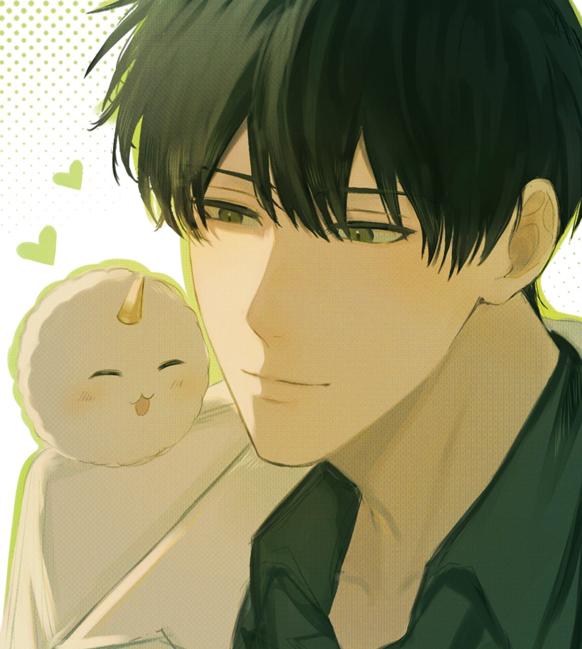 biyoo (omniscient reader's viewpoint), kim dokja, omniscient reader's viewpoint, commentary, highres, symbol-only commentary, 0juhcd, 1boy, animal, animal on shoulder, black eyes, black hair, black shirt, coat, collared shirt, halftone, heart, male focus, open clothes, open coat, portrait, shirt, short hair, sidelighting, smile, solo, white coat