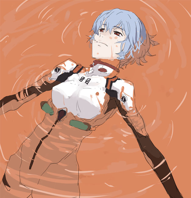 mura (kanojo no oukoku), ayanami rei, neon genesis evangelion, 1girl, blue hair, female focus, lcl, mecha pilot suit, pale skin, plugsuit (evangelion), red eyes, short hair, solo, submerged