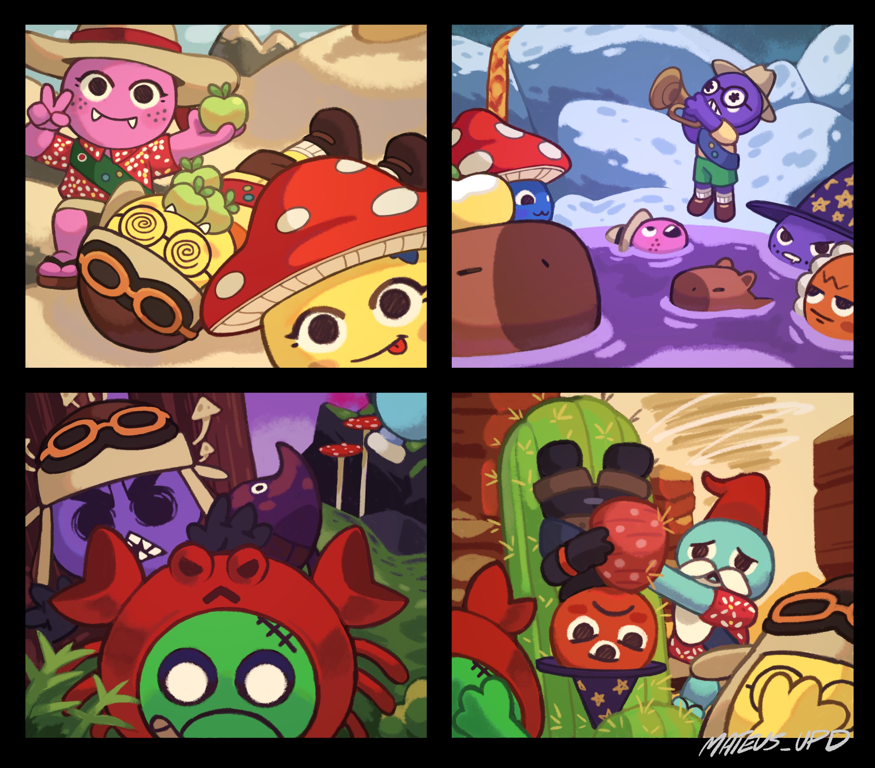 mateus upd, peak (game), absurdres, highres, beetle, bug, cactus, capybara, carrying, carrying multiple people, carrying person, desert, hat, head ornament, insect, instrument, lava, mushroom, onsen, ribbon, snow, tornado, trumpet, video game, wizard hat, zombie