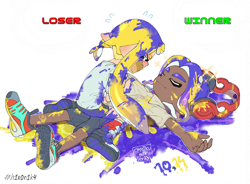 ariamikukanzaki, nintendo, splatoon (series), splatoon 3, commentary, english commentary, 1boy, 1girl, black shorts, blonde hair, blue hair, braid, closed eyes, clothes grab, dark-skinned male, dark skin, dated, flying sweatdrops, girl on top, hashtag, headphones, hirooooo (splatoon), lying, on back, paint on body, paint on clothes, paint on hands, paint splatter, red shoes, shirt, shirt grab, shoes, short shorts, shorts, side braid, signature, t-shirt, tentacle hair, veronika (splatoon), very dark skin