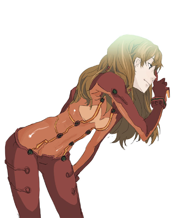 mura (kanojo no oukoku), souryuu asuka langley, neon genesis evangelion, rebuild of evangelion, 00s, 1girl, blue eyes, bodysuit, bracer, breasts, brown hair, cleavage, cowboy shot, female focus, from side, gloves, groin, hand on own thigh, index finger raised, light smile, long hair, looking to the side, mecha pilot suit, plugsuit (evangelion), profile, see-through cleavage, see-through clothes, simple background, sketch, small breasts, smile, solo, test plugsuit (evangelion), white background