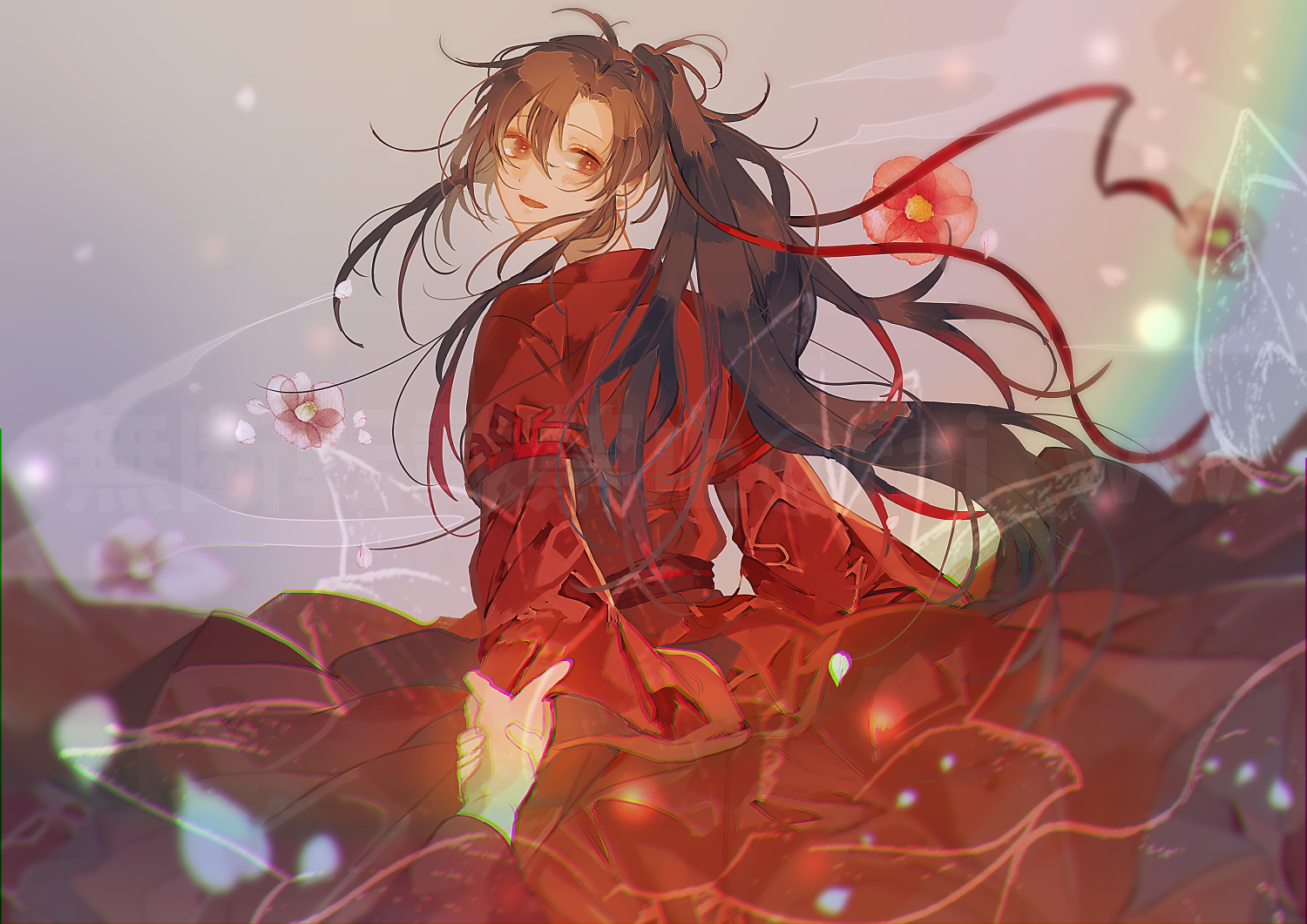amana raika, wei wuxian, modao zushi, 2boys, ahoge, alternate costume, black hair, brown hair, chinese clothes, chinese wedding, dress, floating hair, flower, from behind, hair ribbon, hanfu, holding hands, implied yaoi, long hair, long sleeves, looking at viewer, looking back, male focus, multiple boys, open mouth, out of frame, pink flower, ponytail, pov, pov hands, red eyes, red hanfu, red ribbon, ribbon, robe, sidelocks, smile, smoke, solo focus, watermark, wedding dress, wide sleeves
