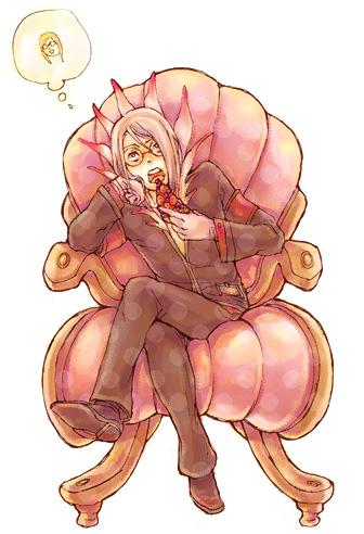 dist, dist (tales), tales of (series), tales of the abyss, lowres, 00s, 1boy, chair, food, glasses, gloves, male focus, pizza, short hair, solo, white hair