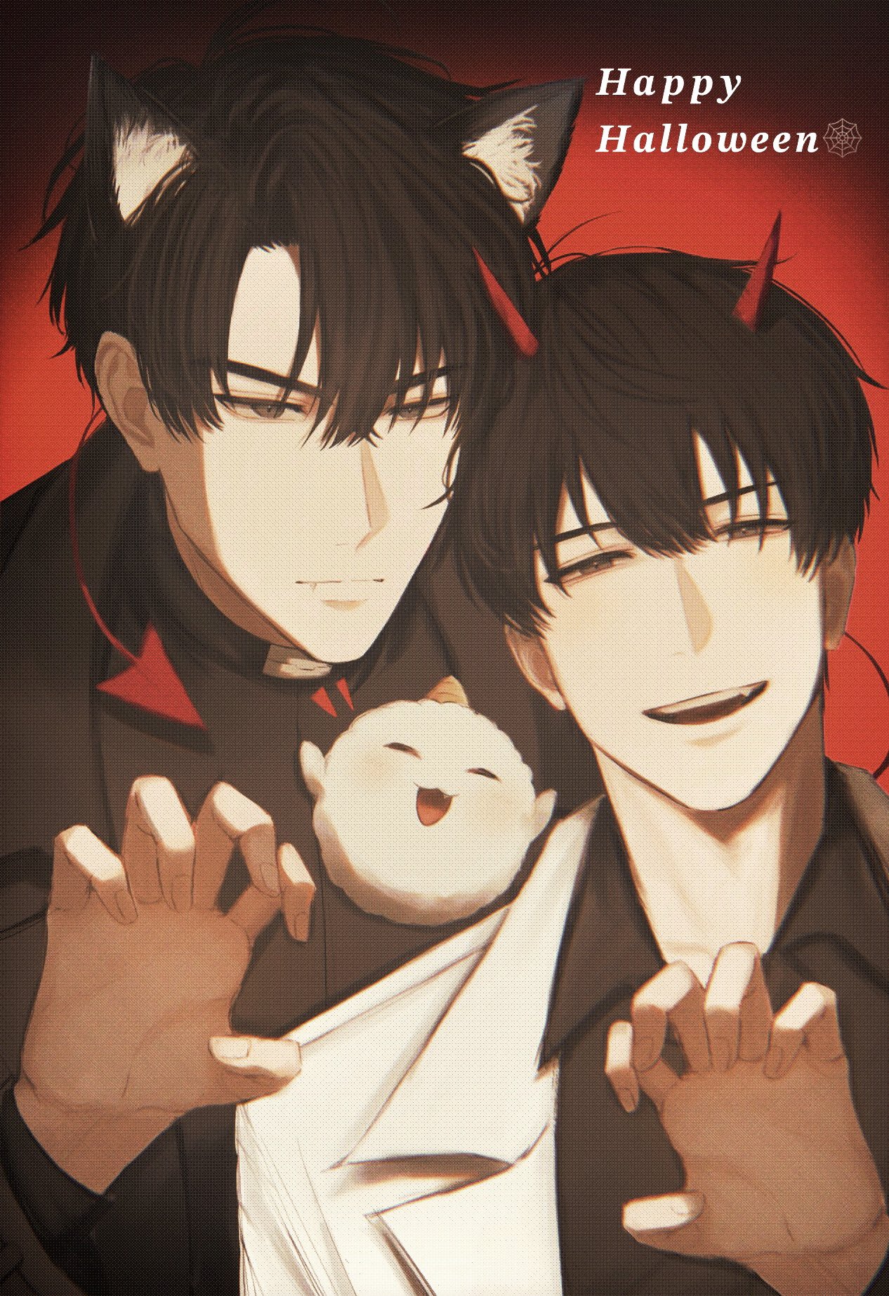 biyoo (omniscient reader's viewpoint), kim dokja, yoo joonghyuk, omniscient reader's viewpoint, commentary, highres, symbol-only commentary, 0juhcd, 2boys, animal, animal ears, black coat, black eyes, black hair, black shirt, camera flash, cat ears, claw pose, coat, collared shirt, curtained hair, demon horns, demon tail, english text, grin, hair between eyes, happy halloween, horns, kemonomimi mode, looking at viewer, male focus, multiple boys, shirt, short hair, smile, tail, unamused, upper body, white coat