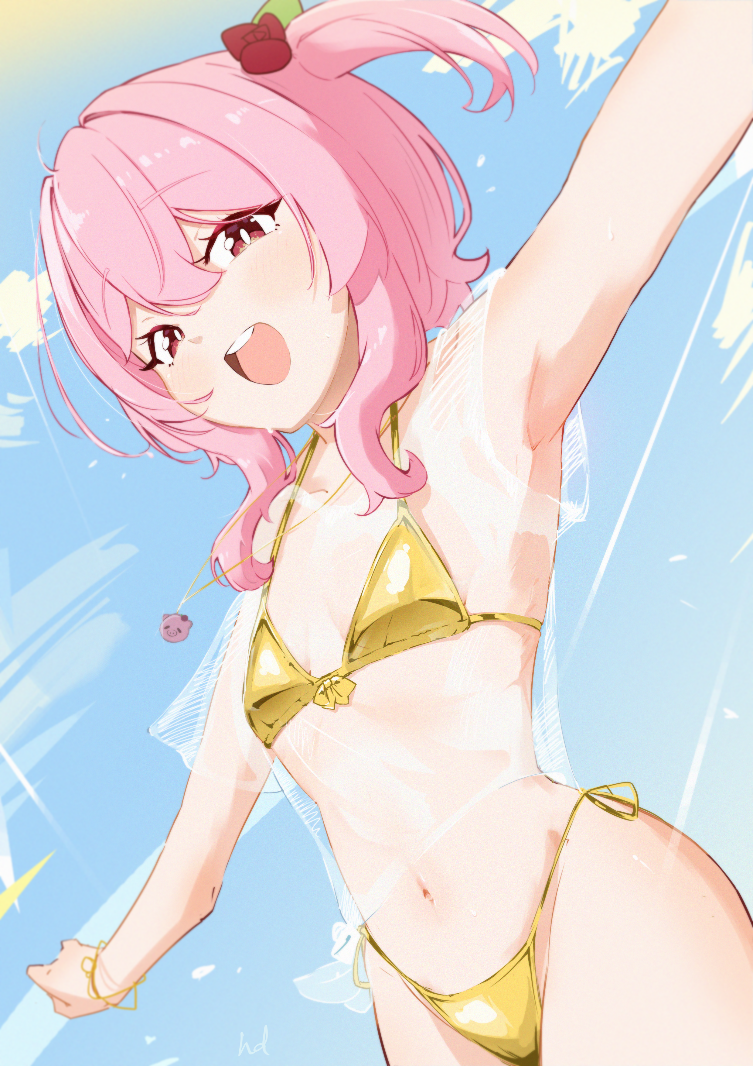 hdukl, rosemi lovelock, nijisanji, nijisanji en, absurdres, commentary, english commentary, highres, 1girl, :d, armpits, bikini, bracelet, breasts, cowboy shot, flower, gold bikini, hair between eyes, hair flower, hair ornament, jewelry, looking at viewer, medium hair, navel, open mouth, outdoors, pink hair, red eyes, see-through clothes, shirt, side ponytail, sky, small breasts, smile, solo, swimsuit, teeth, upper teeth only, virtual youtuber