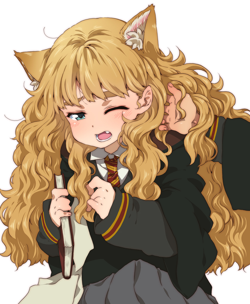 takanashi ringo, harry potter, hermione granger, harry potter (series), harry potter and the chamber of secrets, wizarding world, eyebrows, light brown hair, 1girl, alternate eye color, animal ears, animification, aqua eyes, big hair, blonde hair, blue eyes, blush, book, cat ears, coat, curly hair, dress shirt, embarrassed, extra ears, fang, female focus, long hair, messy hair, necktie, one eye closed, open mouth, pleated skirt, pointy ears, shirt, simple background, skirt, solo, sweater, very long hair, white background, wince, wink