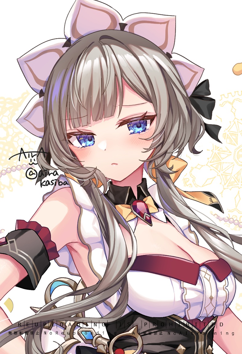 kashiba aira, sandrone (genshin impact), genshin impact, commentary request, unfinished, 1girl, blue eyes, blush, breasts, brown hair, cleavage, closed mouth, long hair, looking at viewer, medium breasts, signature, sleeveless, solo, twitter username, upper body, very long hair