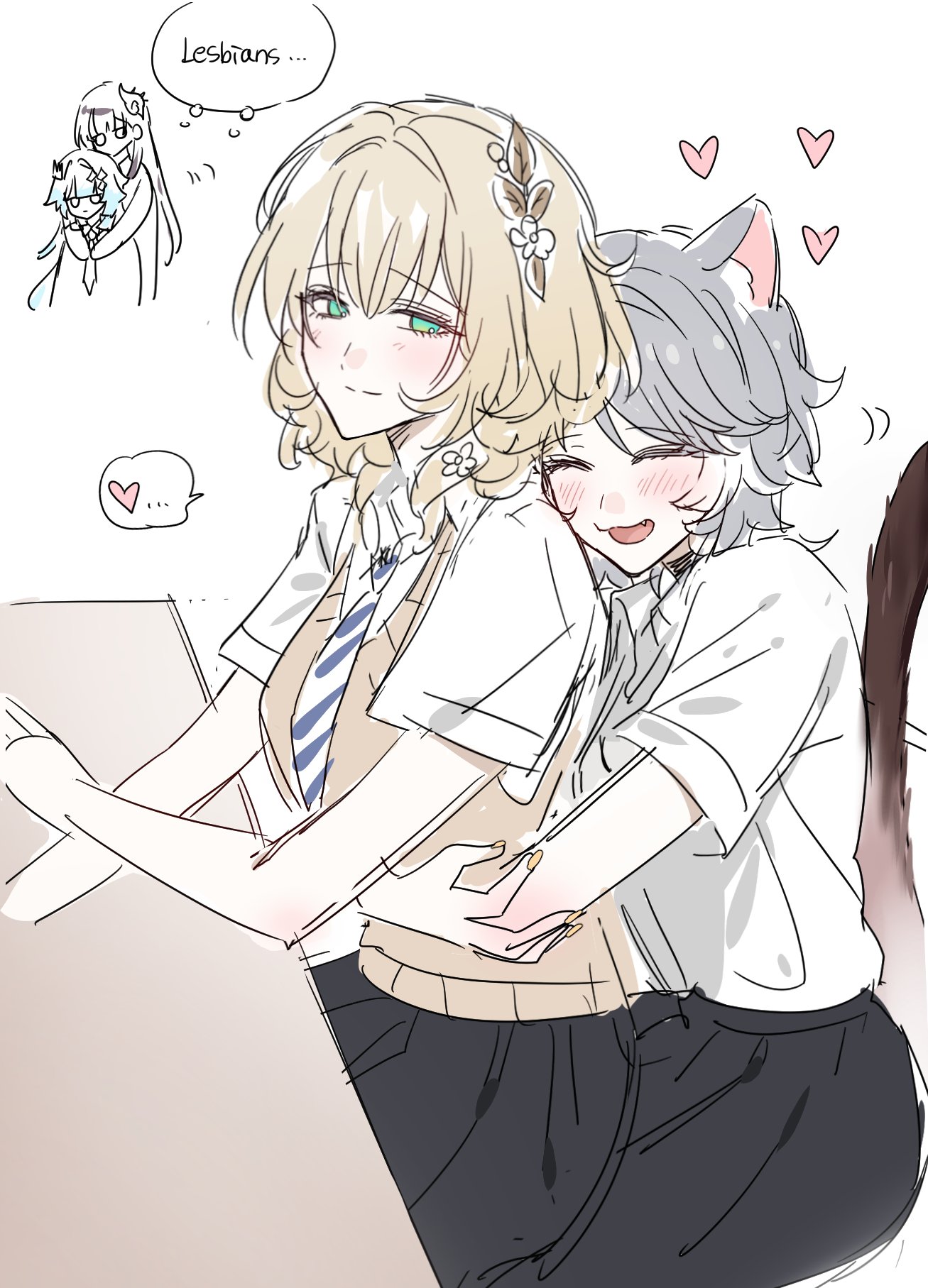 9 (hcl9fg), aglaea (honkai: star rail), cerydra (honkai: star rail), cipher (honkai: star rail), hysilens (honkai: star rail), honkai: star rail, honkai (series), highres, 4girls, animal ears, blush, cat ears, cat girl, cat tail, closed mouth, collared shirt, desk, english text, fang, grey hair, hug, hug from behind, multiple girls, necktie, open mouth, school desk, school uniform, shirt, short sleeves, simple background, skirt, smile, speech bubble, tail, thought bubble, white background, white shirt