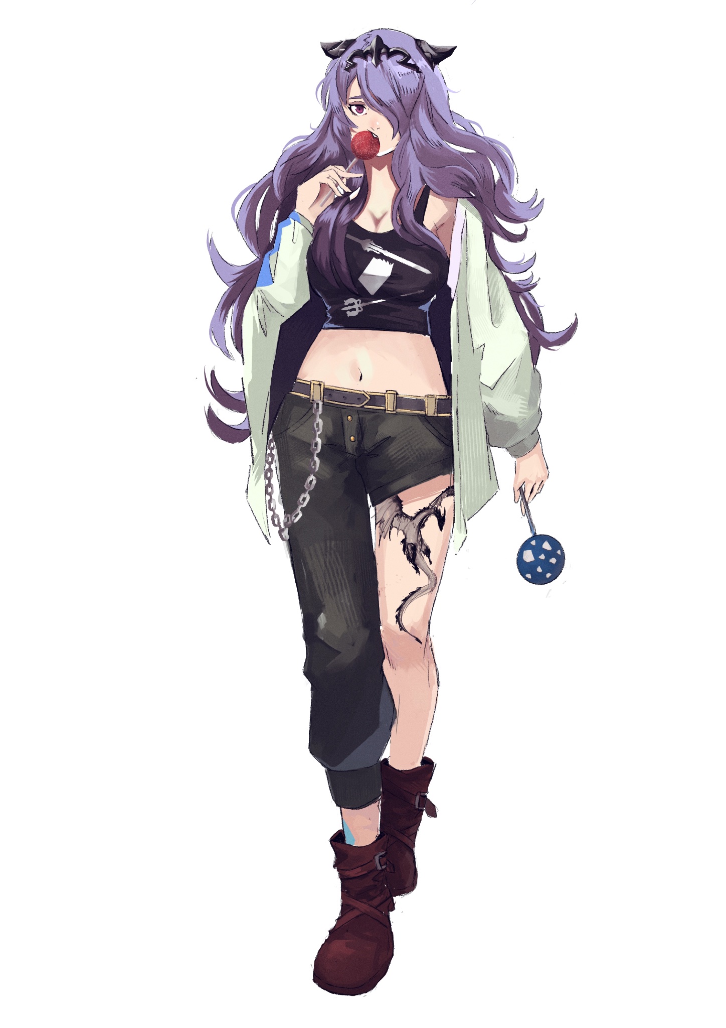 rod langhi, camilla (fire emblem), fire emblem, fire emblem fates, nintendo, commentary, commission, english commentary, highres, 1girl, alternate costume, asymmetrical legwear, boots, breasts, cake pop, cleavage, crop top, denim, eating, food, food in mouth, full body, hair between eyes, hair ornament, hair over one eye, holding, holding food, jacket, jeans, large breasts, leg tattoo, long hair, long sleeves, looking at viewer, loose clothes, midriff, navel, pants, parted bangs, purple hair, red eyes, simple background, solo, swept bangs, tachi-e, tattoo, tiara, torn clothes, torn jeans, torn pants, very long hair, wallet chain, wavy hair, white background