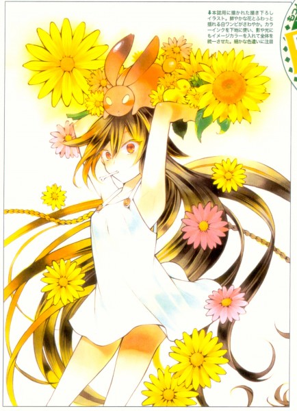mochizuki jun, alice (pandora hearts), pandora hearts, official art, 00s, armpits, braid, brown hair, buttons, dress, flower, long hair, rabbit, red eyes, solo, sundress, sunflower, very long hair