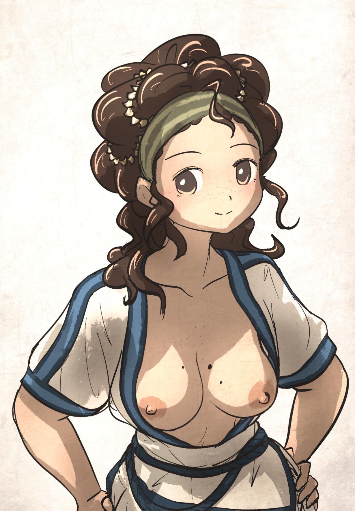 ironlily, original, commentary, english commentary, highres, 1girl, blush, breasts, breasts out, brown eyes, brown hair, collarbone, hands on own hips, long hair, looking at viewer, medium breasts, nipples, no pupils, simple background, smile, solo, white background