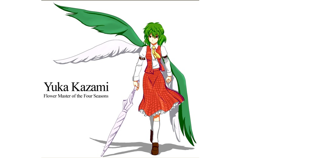kazami yuuka, kazami yuuka (seihou), seihou, touhou, 1girl, female focus, full body, green hair, parasol, red eyes, simple background, solo, standing, umbrella, white background, wings