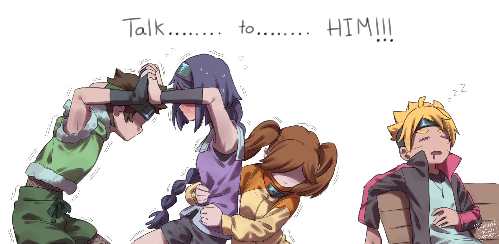 ariamikukanzaki, izuno wasabi, kakei sumire, suzumeno namida, uzumaki boruto, boruto: naruto next generations, naruto (series), commentary, highres, 1boy, 3girls, bench, black hair, blonde hair, blush, braid, braided ponytail, brown hair, drooling, english text, faceless, faceless female, fingerless gloves, forehead protector, gloves, green shorts, hairband, interlocked fingers, jacket, jewelry, multiple girls, necklace, orange jacket, purple hairband, shaded face, short hair, short shorts, short sleeves, shorts, signature, single braid, sitting, sleeping, struggling, trembling, twintails, zzz