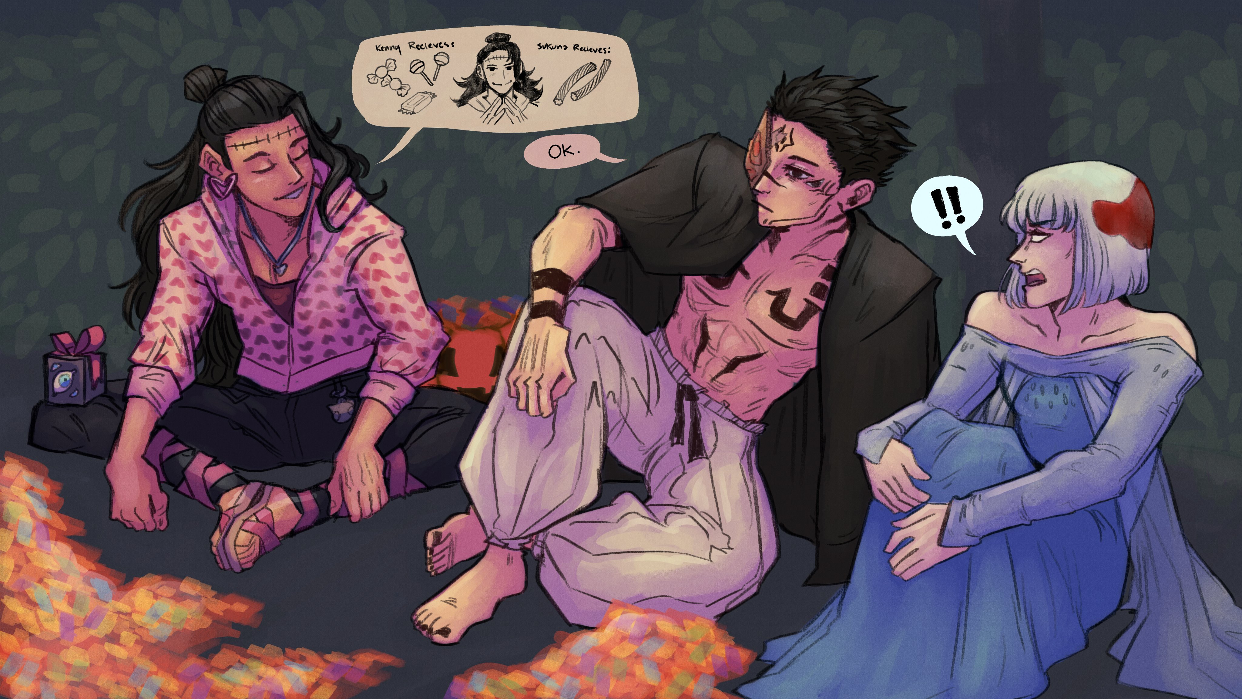 elsa (frozen), fushiguro megumi, getou suguru, getou suguru (kenjaku), ryoumen sukuna (jujutsu kaisen), uraume (jujutsu kaisen), absurdres, character request, highres, !, !!, 1other, 2boys, abs, black cloak, black nails, bob cut, candy, chest tattoo, cloak, closed eyes, cosplay, earrings, elsa (frozen) (cosplay), food, hakama, halloween, heart, heart earrings, heart print, japanese clothes, jewelry, licorice (food), lollipop, long hair, multicolored hair, multiple boys, nail polish, parted lips, pectorals, pile, possessed, prison realm (jujutsu kaisen), ryoumen sukuna (jujutsu kaisen) (cosplay), sailorpaintx, sandals, short hair, sitting, spoken exclamation mark, talking, tattoo, toenail polish, toenails, toned, toned male, two-tone hair, white hakama