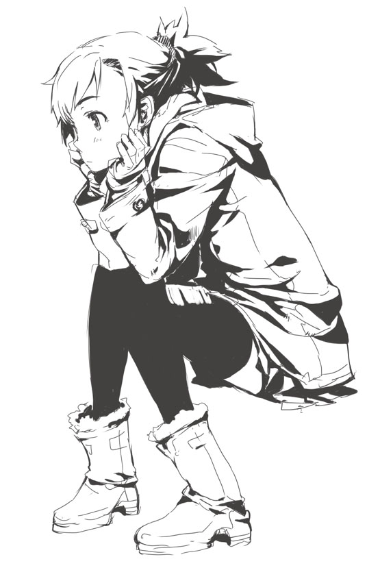 mura (kanojo no oukoku), boots, coat, greyscale, head rest, monochrome, sitting, solo, thighhighs