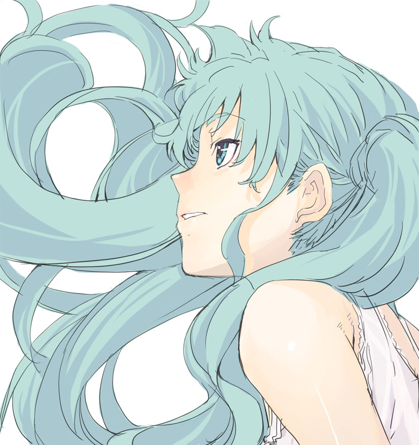 mura (kanojo no oukoku), hatsune miku, vocaloid, aqua eyes, aqua hair, close-up, long hair, profile, solo, twintails