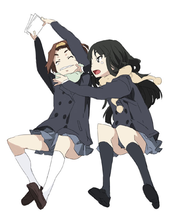 mura (kanojo no oukoku), akiyama mio, tainaka ritsu, k-on!, 00s, 2girls, black hair, brown hair, hairband, multiple girls, school uniform, simple background