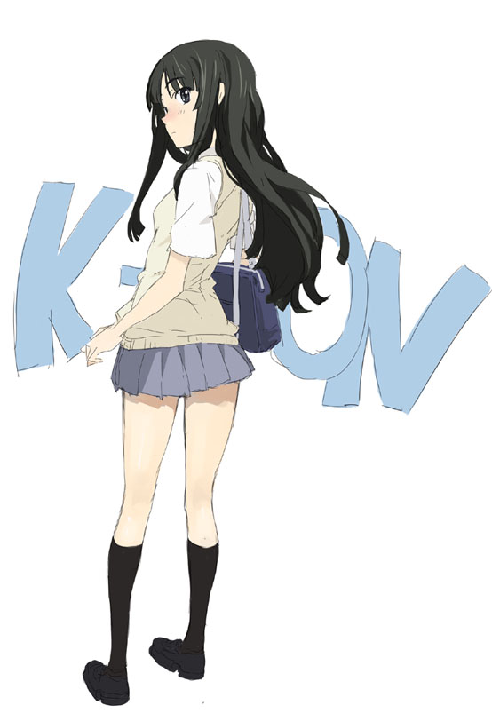 mura (kanojo no oukoku), akiyama mio, k-on!, 00s, 1girl, bag, black hair, female focus, full body, legs, long hair, school uniform, skirt, solo, white background