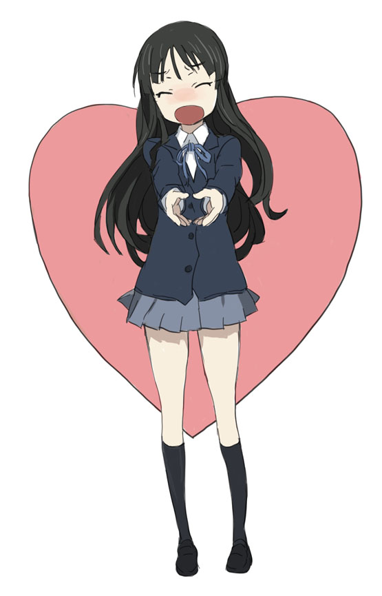 mura (kanojo no oukoku), akiyama mio, k-on!, 00s, 1girl, black hair, blunt bangs, blush, closed eyes, female focus, full body, heart, hime cut, legs, long hair, moe moe kyun!, school uniform, solo