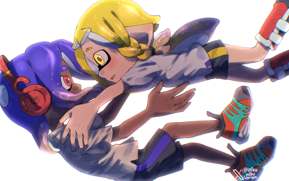 ariamikukanzaki, nintendo, splatoon (series), splatoon 3, commentary, english commentary, 1boy, 1girl, backlighting, black shorts, blonde hair, blue hair, braid, dark-skinned male, dark skin, eyebrow cut, falling, headphones, hirooooo (splatoon), inkling, octoling, red eyes, red shoes, shirt, shoes, short shorts, shorts, side braid, signature, t-shirt, tentacle hair, veronika (splatoon), very dark skin, yellow eyes