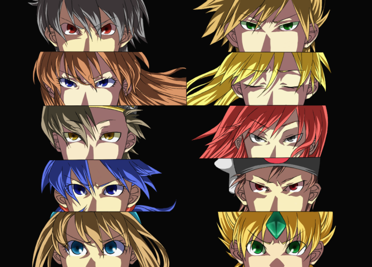 blue oak, brendan (pokemon), emerald (pokemon), ethan (pokemon), green (pokemon), kris (pokemon), may (pokemon), red (pokemon), silver (pokemon), yellow (pokemon), atlus, nintendo, persona, pokemon, pokemon adventures, pokemon gsc, pokemon rgby, 4girls, 6+boys, brown hair, column lineup, grid lineup, multiple boys, multiple girls, parody, persona eyes