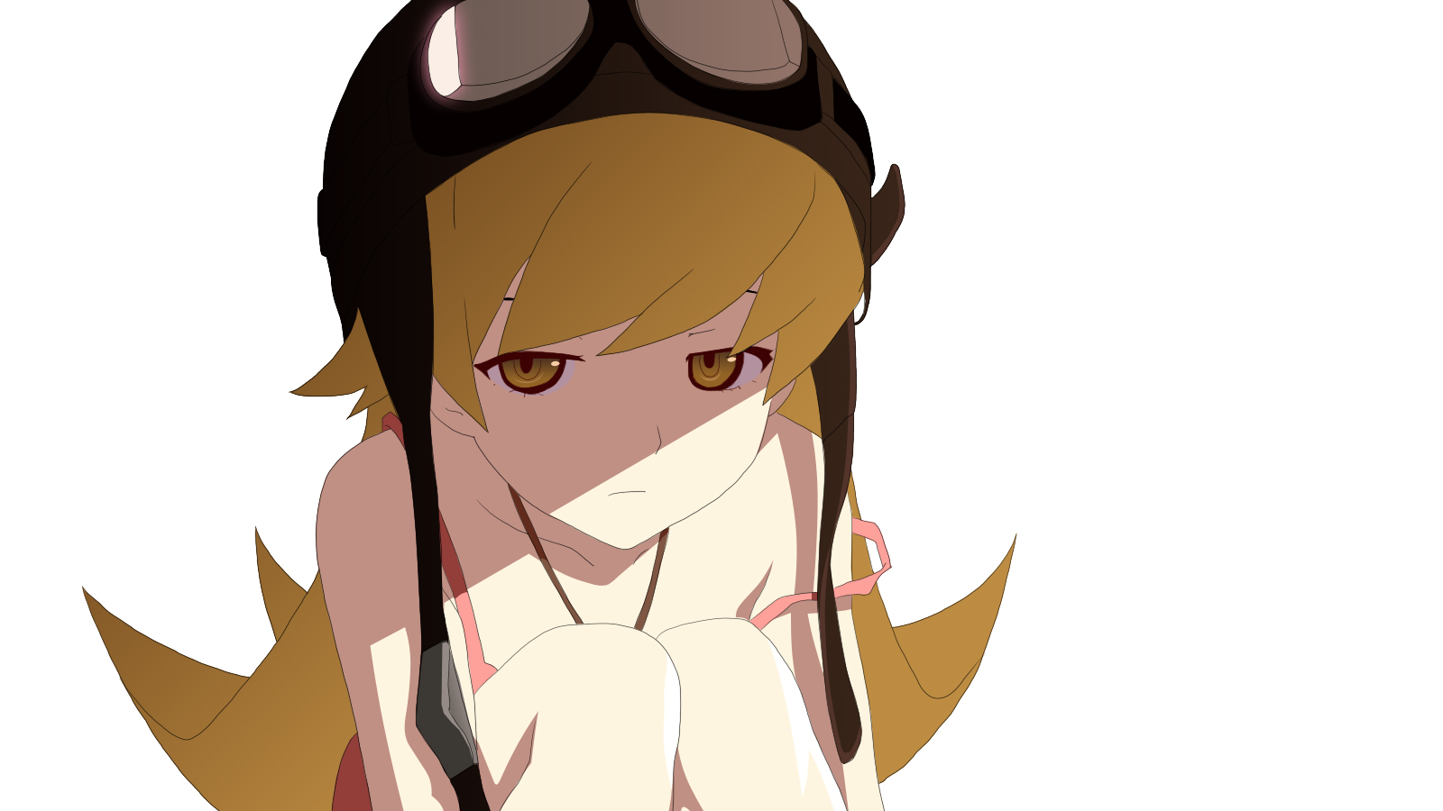 kuresu (alice-pma), oshino shinobu, bakemonogatari, monogatari (series), bad id, bad pixiv id, derivative work, highres, vector trace, 00s, 1girl, bare shoulders, blonde hair, female focus, goggles, helmet, jewelry, long hair, necklace, shade, simple background, solo, strap slip, yellow eyes