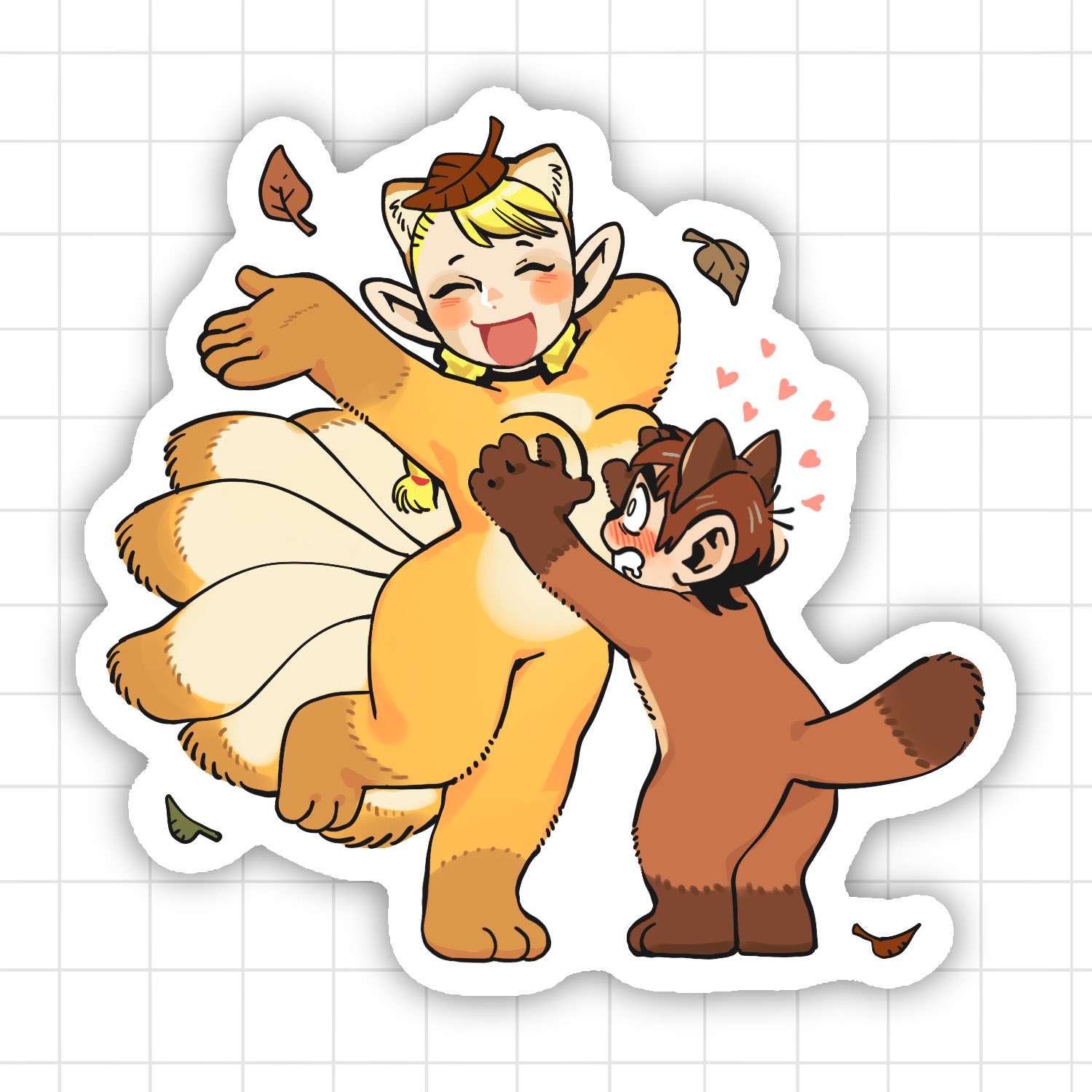 aatom87, chilchuck tims, marcille donato, dungeon meshi, commentary, highres, 1boy, 1girl, animal costume, animal ear hairband, animal ears, blonde hair, blush, braid, breasts, brown hair, brown hairband, drooling, fake animal ears, grabbing another's breast, groping, hairband, height difference, leaf, leaf on head, low twin braids, medium breasts, multiple tails, outstretched arm, pointy ears, standing, standing on one leg, sticker (medium), tail, tanuki costume, twin braids