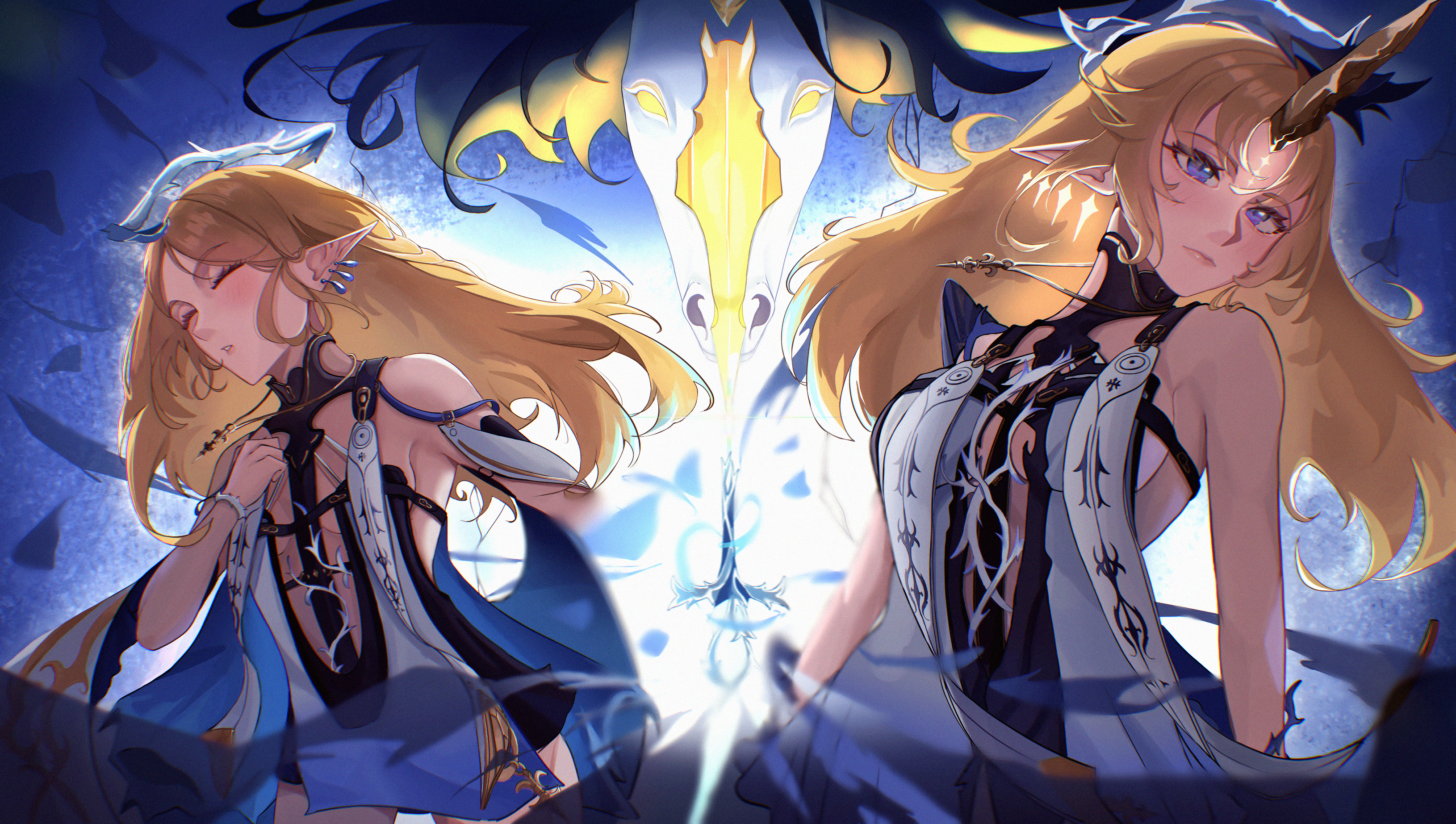 cartethyia (wuthering waves), fleurdelys (wuthering waves), imperator (wuthering waves), wuthering waves, absurdres, commentary, english commentary, highres, 2girls, adriano121920, bare shoulders, black dress, blonde hair, breasts, crown of thorns, dress, dual persona, earrings, fleur-de-lis, floating earrings, horns, jewelry, large breasts, long hair, long horns, multiple earrings, multiple girls, necklace, pointy ears, single horn, small breasts, sword, tabard, tacet mark (wuthering waves), weapon, white tabard, yellow horns