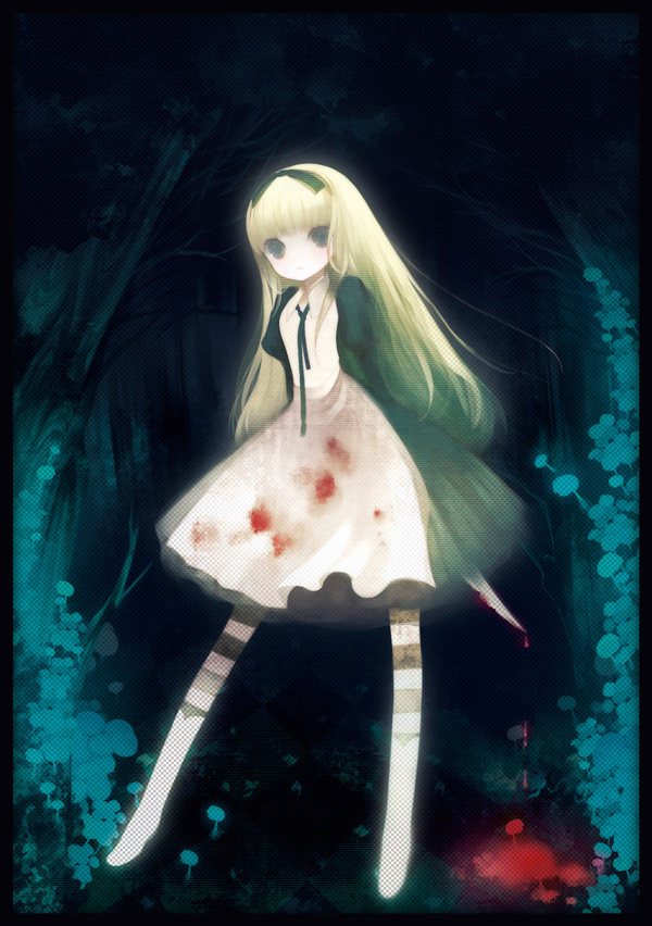 puti devil, original, 1girl, blonde hair, dress, female focus, forest, long hair, nature, outdoors, solo, thighhighs