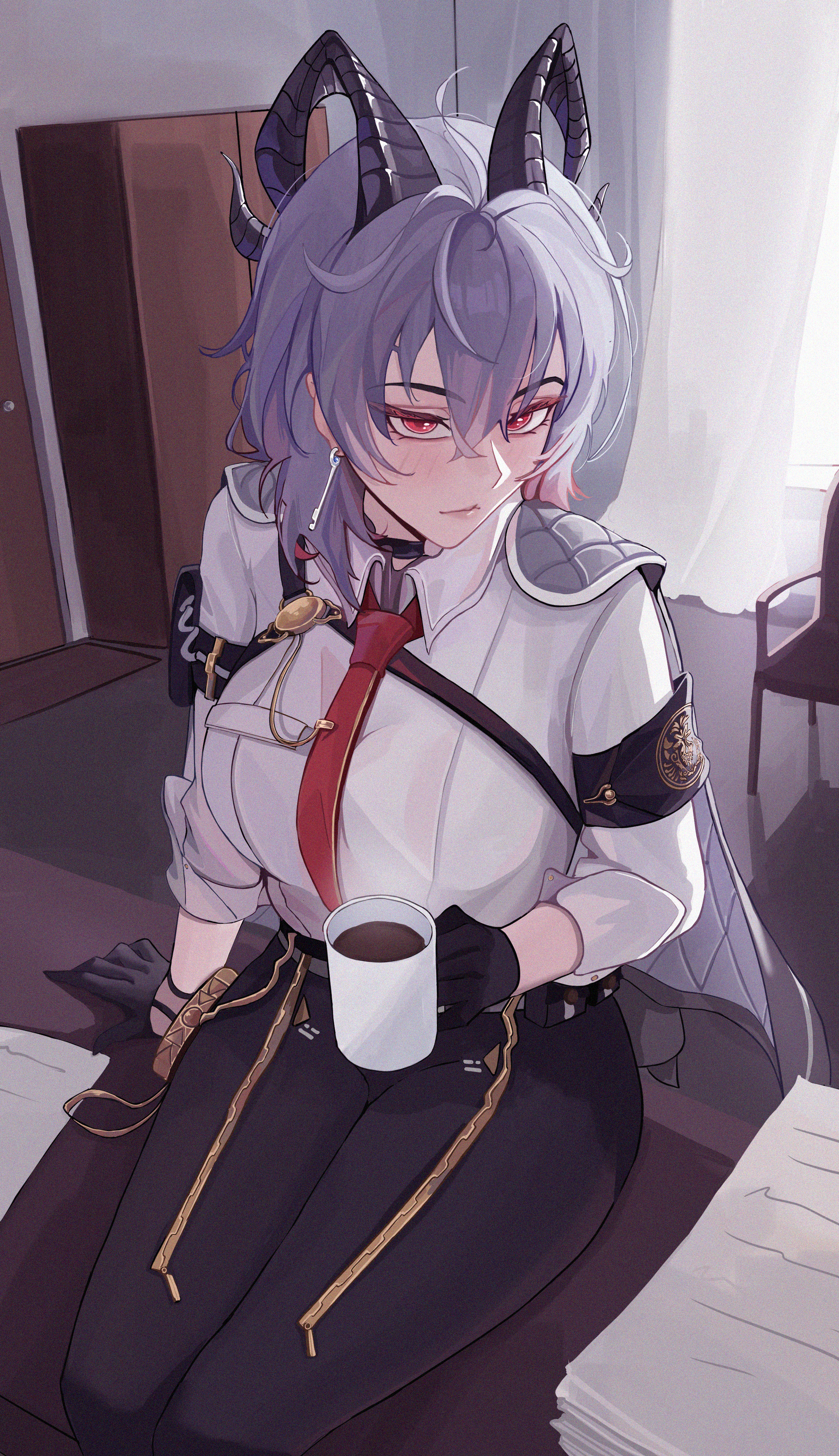 zani (wuthering waves), wuthering waves, absurdres, commentary, highres, 1girl, adriano121920, arm pouch, armband, black armband, black choker, black gloves, black horns, black jacket, black pants, breasts, chest harness, choker, closed mouth, coffee mug, collared shirt, cup, curled horns, earrings, gloves, grey hair, hair between eyes, harness, holding, holding cup, horns, indoors, jacket, jacket on shoulders, jewelry, key earrings, large breasts, light blush, long hair, looking at viewer, mug, necktie, pants, red eyes, red necktie, shirt, shirt tucked in, sitting, solo, white shirt