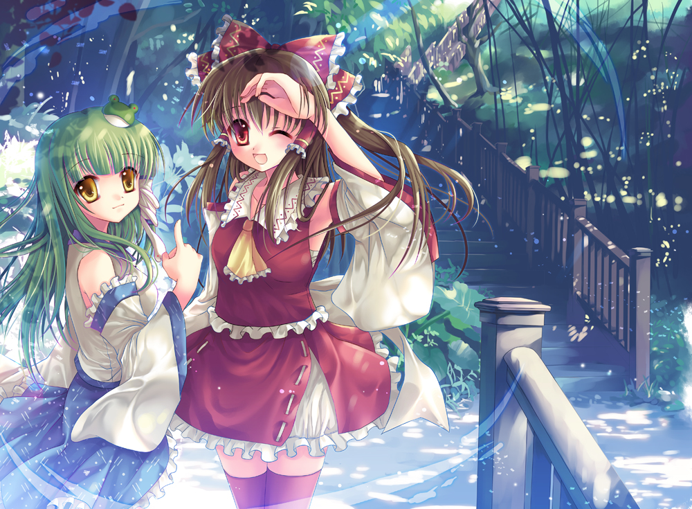 sousouman, hakurei reimu, kochiya sanae, touhou, bad id, bad pixiv id, 2girls, bow, brown hair, covering own eyes, day, detached sleeves, female focus, frog, green hair, hair ornament, japanese clothes, light rays, miko, multiple girls, nature, one eye closed, open mouth, outdoors, pointing, red eyes, short hair, smile, snake, stairs, sunbeam, sunlight, thighhighs, wink, yellow eyes, zettai ryouiki