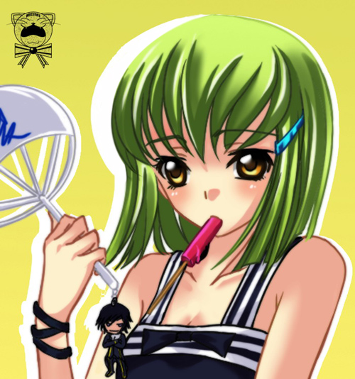 meimi k, c.c., lelouch vi britannia, code geass, clip, 00s, 1girl, aged down, blush, breasts, cellphone charm, cellphone strap, charm (object), cleavage, female focus, food, green hair, hair ornament, hairclip, hand fan, mouth hold, paper fan, popsicle, short hair, small breasts, solo, uchiwa, yellow eyes