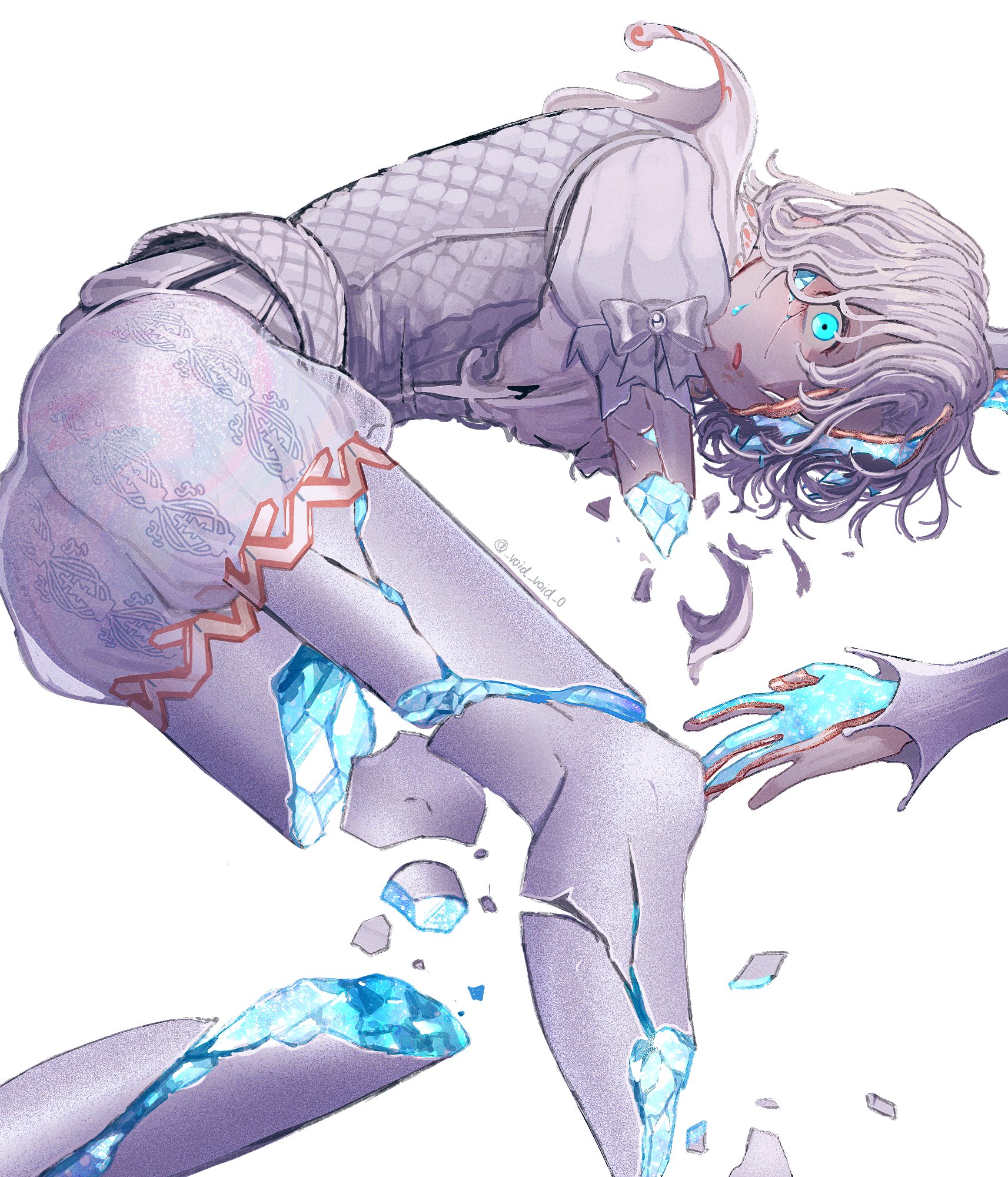 tendenbarabara, matthias czernin, matthias czernin (king-h1), identity v, highres, 1boy, amputee, blue eyes, cracked skin, crystal shards, feet out of frame, glowing, glowing eyes, male focus, official alternate costume, one eye covered, pale skin, pantyhose, parted lips, puffy shorts, puffy sleeves, quadruple amputee, shards, shirt, shorts, solo, surprised, twitter username, vest, wavy hair, white hair, white pantyhose, white shirt, white theme, white vest, wide-eyed