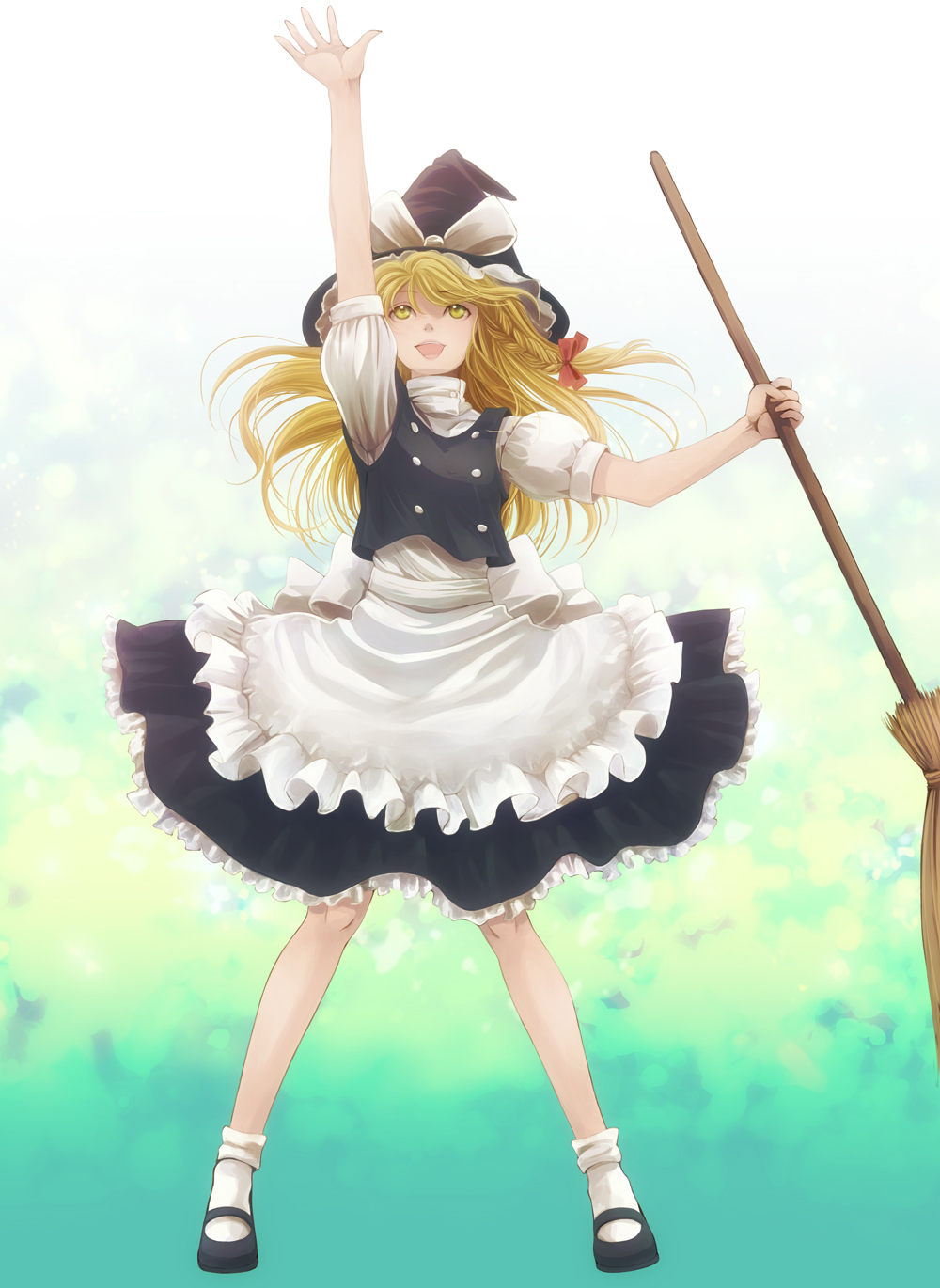 takatsuki kahiro, kirisame marisa, touhou, highres, 1girl, black shoes, blonde hair, braid, broom, female focus, full body, hat, shoes, short hair, socks, solo, white socks, witch, witch hat, yellow eyes