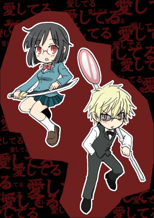nanasaki, heiwajima shizuo, sonohara anri, durarara!!, 1boy, 1girl, bartender, black background, black bow, black bowtie, black hair, black pants, black vest, blonde hair, bow, bowtie, brown shoes, chibi, chibi only, cigarette, holding, holding sword, holding weapon, looking at viewer, pants, pleated skirt, raira academy school uniform, red background, red bow, red bowtie, red eyes, road sign, school uniform, shoes, short hair, sign, skirt, socks, stop sign, sunglasses, sword, vest, weapon, white socks, yellow eyes