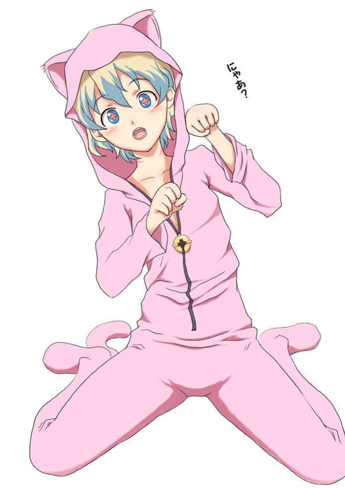 murata isshin, nia teppelin, tengen toppa gurren lagann, + +, 00s, alternate hairstyle, animal hood, cat hood, cross-shaped pupils, hood, kneeling, multicolored hair, open mouth, pajamas, short hair, solo, symbol-shaped pupils