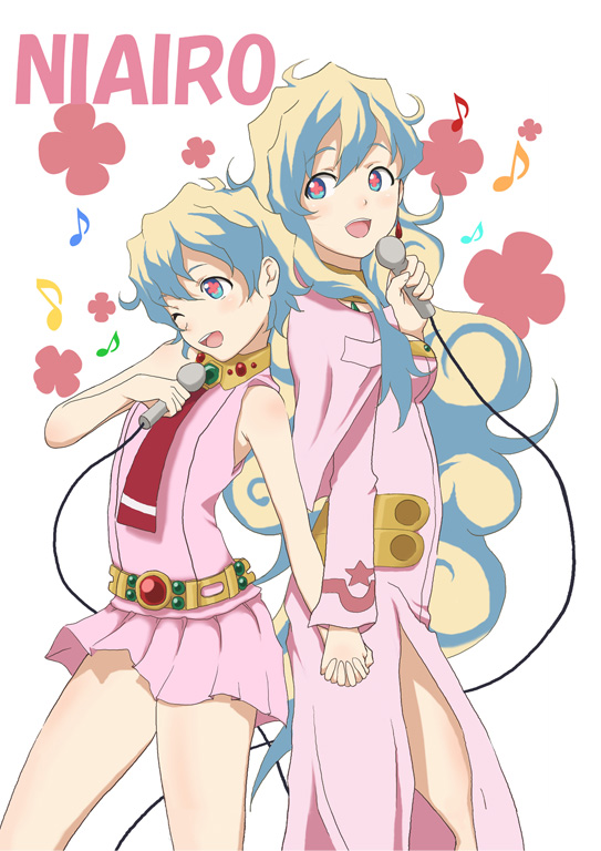 murata isshin, nia teppelin, tengen toppa gurren lagann, + +, 00s, 2girls, back-to-back, cross-shaped pupils, dual persona, holding hands, long hair, microphone, multicolored hair, multiple girls, necktie, short hair, square-end necktie, symbol-shaped pupils, time paradox