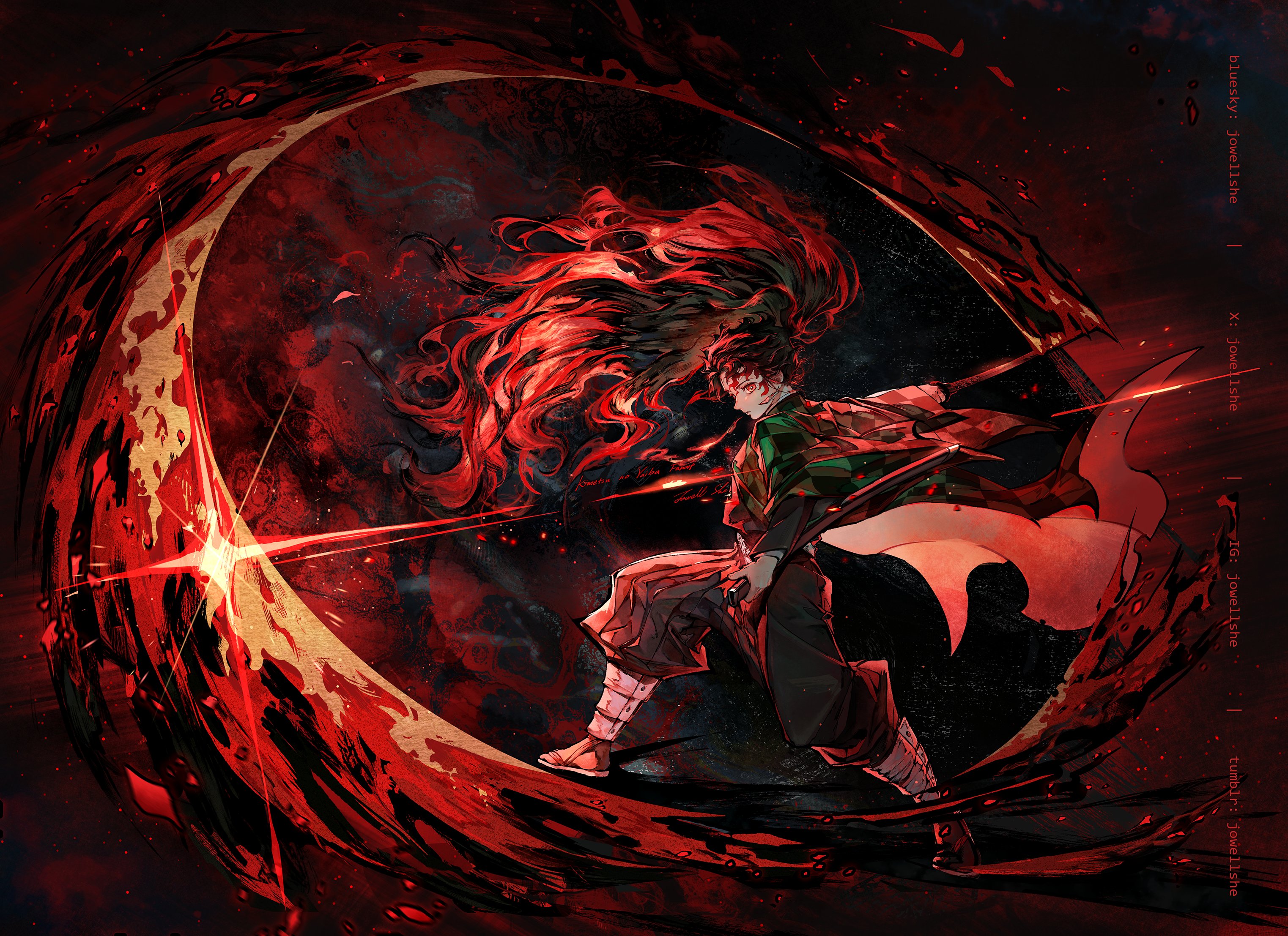 jowell she, kamado tanjirou, tsugikuni yoriichi, kimetsu no yaiba, commentary request, highres, 1boy, artist name, attack trail, black background, black pants, bright pupils, checkered haori, closed mouth, copyright name, demon slayer uniform, earrings, facial mark, fiery hair, fighting stance, full body, glint, hanafuda earrings, haori, holding, holding sheath, holding sword, holding weapon, japanese clothes, jewelry, katana, legs apart, long sleeves, male focus, pants, red eyes, red hair, sandals, serious, sheath, short hair, slashing, solo, sword, sword writing, tabi, twitter username, weapon, white pupils