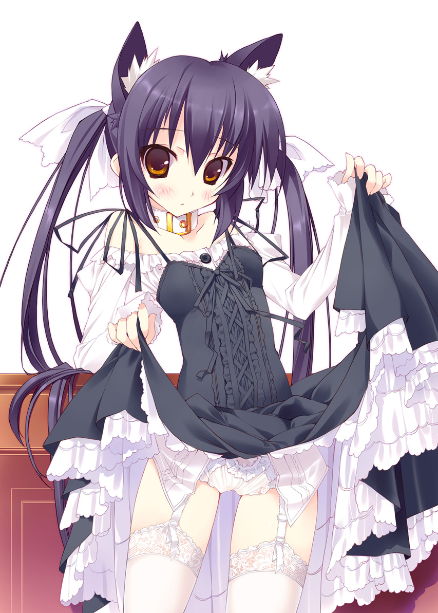 tsurusaki takahiro, nakano azusa, k-on!, lace-trimmed legwear, bad id, bad pixiv id, 00s, 1girl, alternate costume, animal ears, bare shoulders, brown eyes, cat ears, clothes lift, collar, dress, dress lift, enmaided, female focus, frills, garter belt, gothic lolita, lace, lace trim, loli, lolita fashion, long hair, maid, panties, purple hair, solo, thighhighs, twintails, underwear, very long hair, white panties, white thighhighs